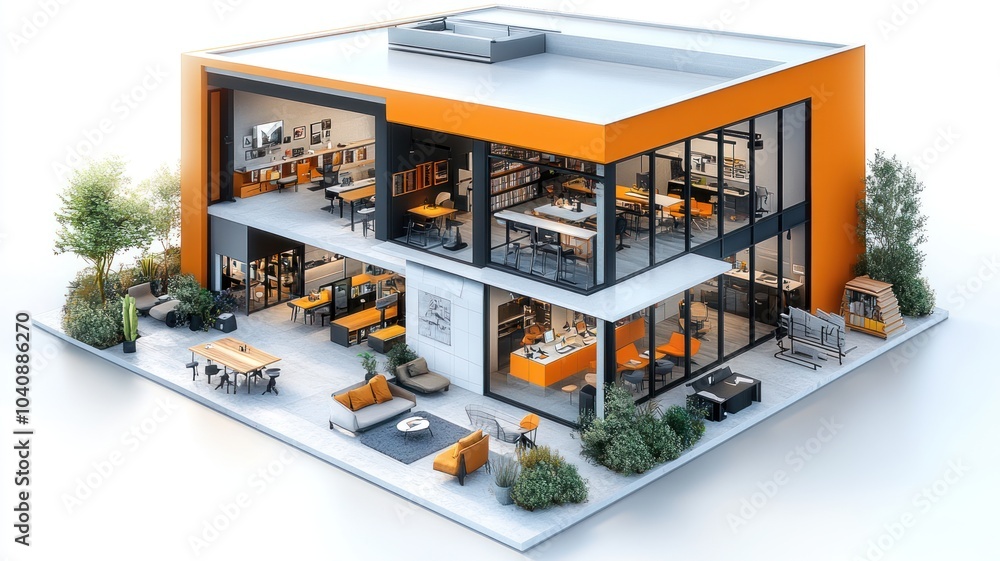 Aufkleber modern two-story building with open spaces and vibrant design.