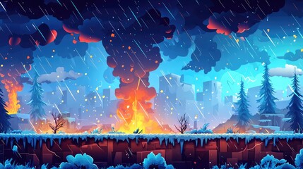 A City on Fire Under a Snowy Sky
