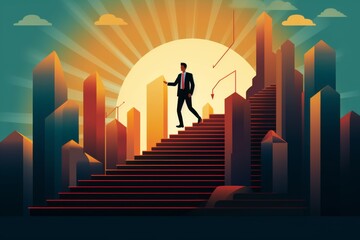 Dynamic animated vector illustration of an entrepreneur climbing stairs to success, symbolizing business growth and progress. 