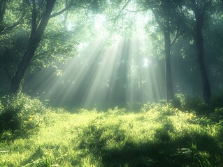 Obraz premium A serene forest scene with sunlight streaming through lush green trees, creating a tranquil atmosphere filled with nature's beauty.