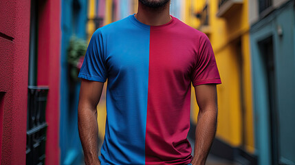 Fototapeta premium A young man is wearing a short sleeved shirt with a combination of red and blue colors