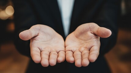 Communicating success, businessperson in suit gesturing with hands, highlighting professionalism and expertise