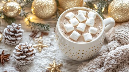 Steaming cup of hot chocolate with melted marshmallows, a cozy winter treat indulge