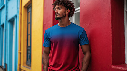 Fototapeta premium A young man is wearing a short sleeved shirt with a combination of red and blue colors