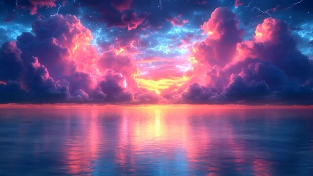 A vibrant sunset over a calm ocean, with colorful clouds reflecting on the water's surface. Seamless looping 4k video animation background 