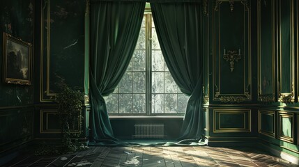 Luxurious classic room with green velvet curtains elegantly illuminated by the sun