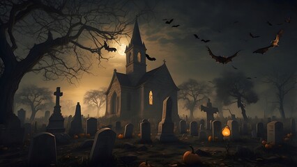 Halloween hauntingly dark and moody black building, full moon graveyard old church, flying bats dead trees Halloween scary tombstone house poster with glowing pumpkins