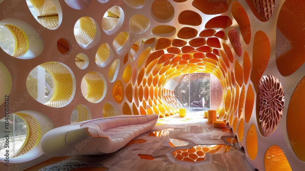 Poster futuristic apartment with honeycomb-shaped walls that change color and texture, ai-generated image