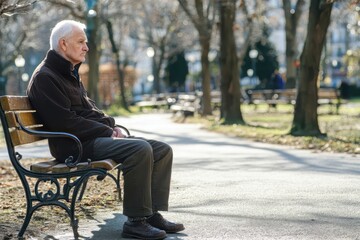 Obraz premium An elderly man, reminiscing about the past, sits alone on a park bench, immersed in nostalgia.