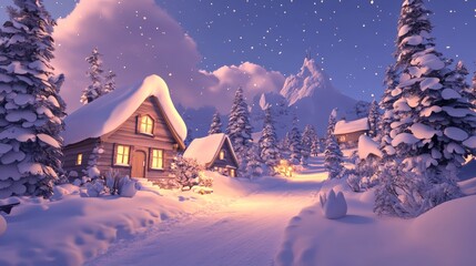 Fototapeta premium Winter wonderland, cozy cottage nestled amidst snowcovered trees and pristine snowdrifts