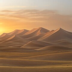 A serene view of golden sand dunes at sunset, creating a tranquil and warm atmosphere with soft contours and shadows in a desert landscape.