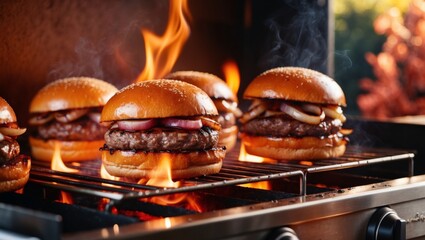 Grilling Delicious Hamburgers Over Open Flames on the BBQ