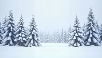Fototapeta premium Serene winter landscape with snow-covered pine trees in foggy atmosphere and soft light, winter landscape
