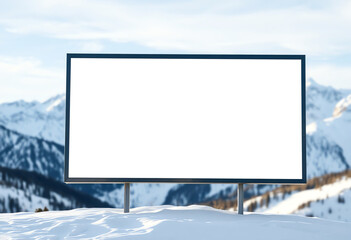 Fototapeta premium blank sign copy space, billboard mockup on a snowy mountain. Mountain peaks in the background