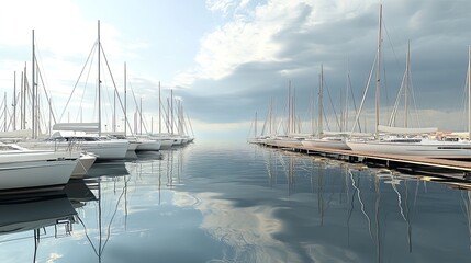 Fototapeta premium Serene marina with sailboats and reflective water.