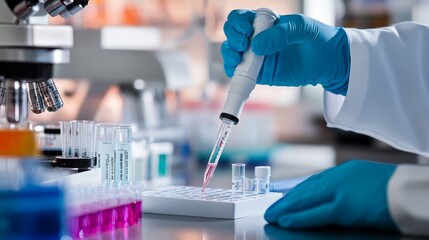 Scientist conducts experiment with precision using a pipe in modern laboratory setting