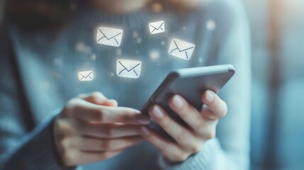 Mobile communication overload, woman inundated with emails on smartphone screen woman