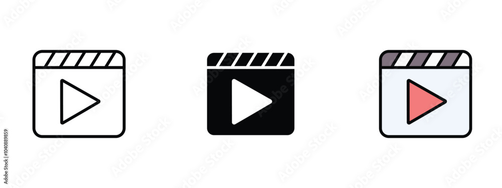 Poster three different video icons for a video player. video icon set in outline, silhouette and editable c