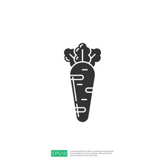 A simple, stylized illustration of a carrot, showcasing its shape and leafy top, suitable for food-related graphics or educational materials.