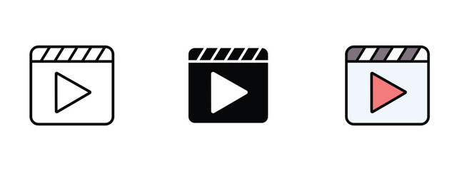 Three different video icons for a video player. video icon set in outline, silhouette and editable colors in unexpandable vector form