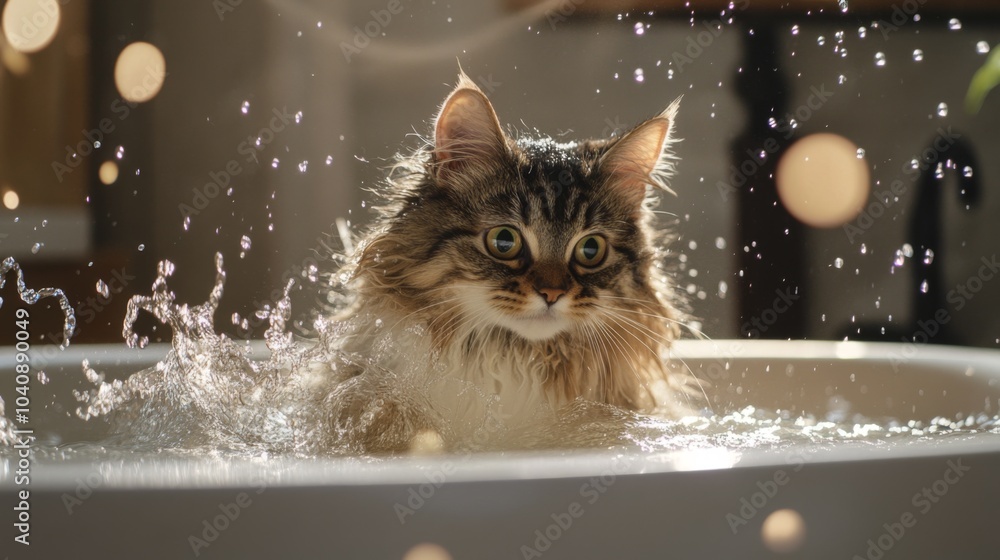 Poster Playful Cat Enjoys Splashing in Water