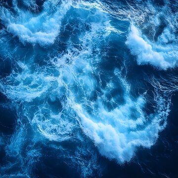 Dynamic aerial view of vibrant blue ocean waves crashing, reflecting sunlight with a mesmerizing foam pattern.