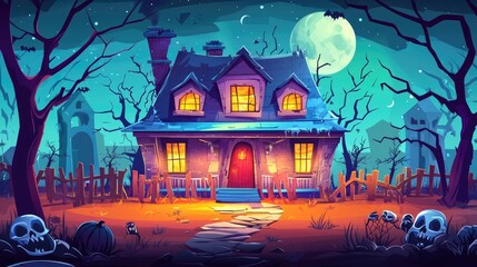 Haunted House with Glowing Windows and a Pumpkin on a Halloween Night