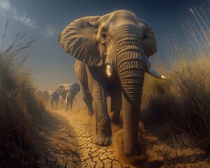 Fototapeta premium A majestic herd of elephants traverses a dusty path, showcasing their strength and grace, set against a dramatic twilight sky with dry grass surrounding them.