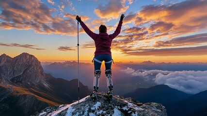 A woman with prosthetic legs stands triumphant on a mountaintop as the sun sets over the Alps in a stunning display of resilience and power of conviction - Powered by Adobe