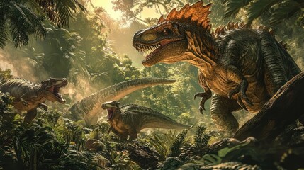 Fototapeta premium Three dinosaurs, one standing on a log, two on the ground, in a jungle.