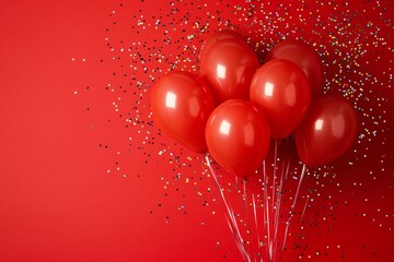 Red balloons with confetti on a red background for celebration, greeting card