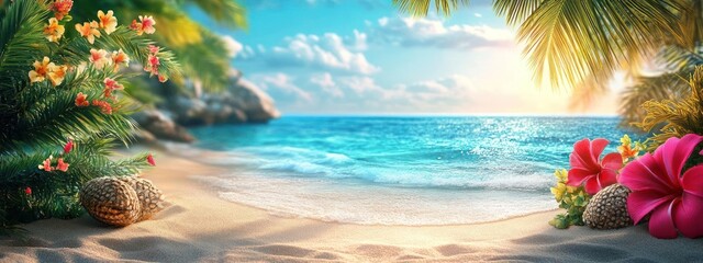 A tropical beach scene with palm trees, white sand and crystal blue water.