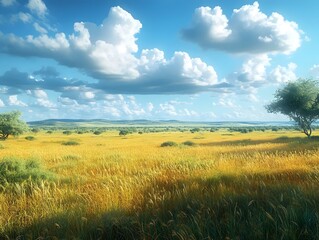 Fototapeta premium A serene landscape featuring a vast golden field under a bright blue sky filled with fluffy clouds, evoking a peaceful and inviting atmosphere.