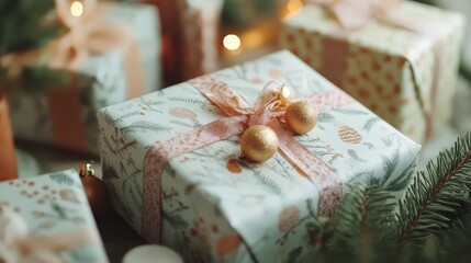 Festive christmas present with bow and pine branch for holiday celebrations festive