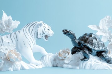 A white tiger and a black turtle are fighting