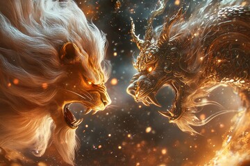 Two fierce creatures, one a lion and the other a dragon, are locked in a battle