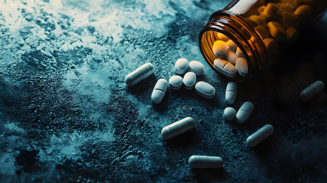 un frasco pastillero con pastillas y capsulas de medicamento sobe una mesa concepto de medicina y atencion a la salud y el bienestar pildoras y vitaminas