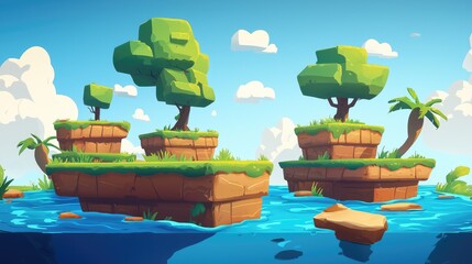 Three Floating Islands with Trees and Lush Grass in a Blue Sky