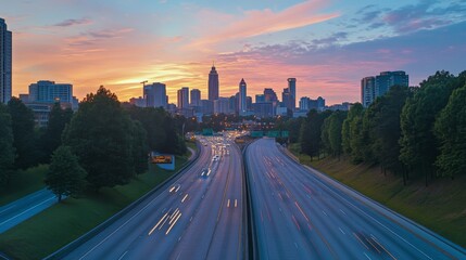 Scenic Sunset Over Urban Highway and City Skyline