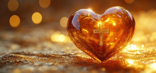 Golden heart with a cross inside on a glittery surface.