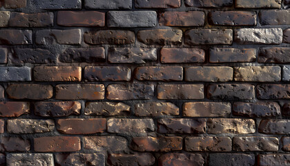 Naklejka premium Textured wall of aged brown and black bricks, showcasing a rustic and industrial aesthetic.