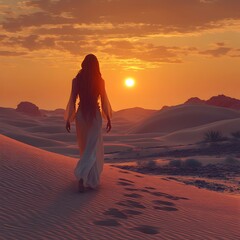 A serene scene of a young woman with long hair, walking gracefully in a flowing white dress across golden sand dunes at sunset, evoking tranquility and peace.