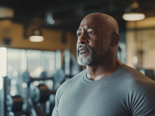 Obraz premium Sweaty, Determined Large Man in a Workout T-Shirt Standing in the Gym after Intense Exercise