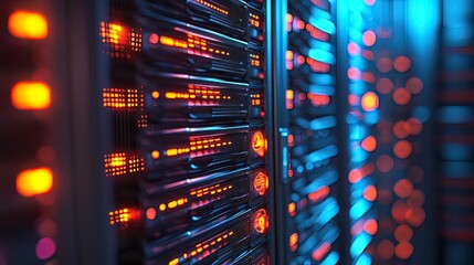 Naklejka premium Server Racks in a Data Center Illuminated with Red and Blue Lights