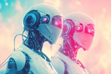 Two robots with glowing eyes and pink faces stand side by side