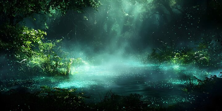 A serene, mystical forest scene featuring a glowing pond surrounded by lush greenery and ethereal light, creating a tranquil, enchanting atmosphere.