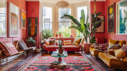 Eclectic living room with mismatched furniture, a patterned rug, bold artwork on the walls, and a tall plant in front of a bay window.