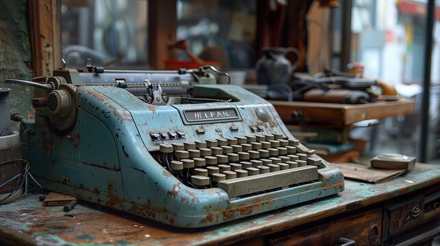 Vintage Blue Typewriter on Wooden Desk: A Glimpse into the Past