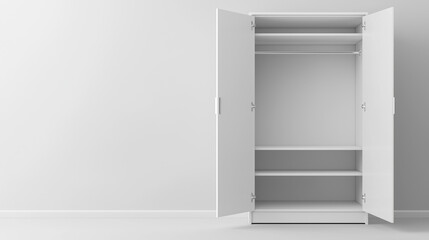 Empty White Wardrobe: A minimalist design with an open white wardrobe against a blank wall, ideal for showcasing products, promoting organization, or emphasizing a fresh start. 