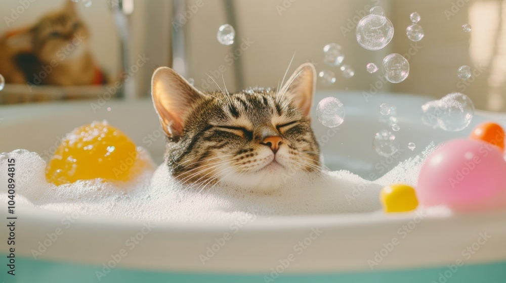 Poster cat enjoying a bubble bath in a bright setting
